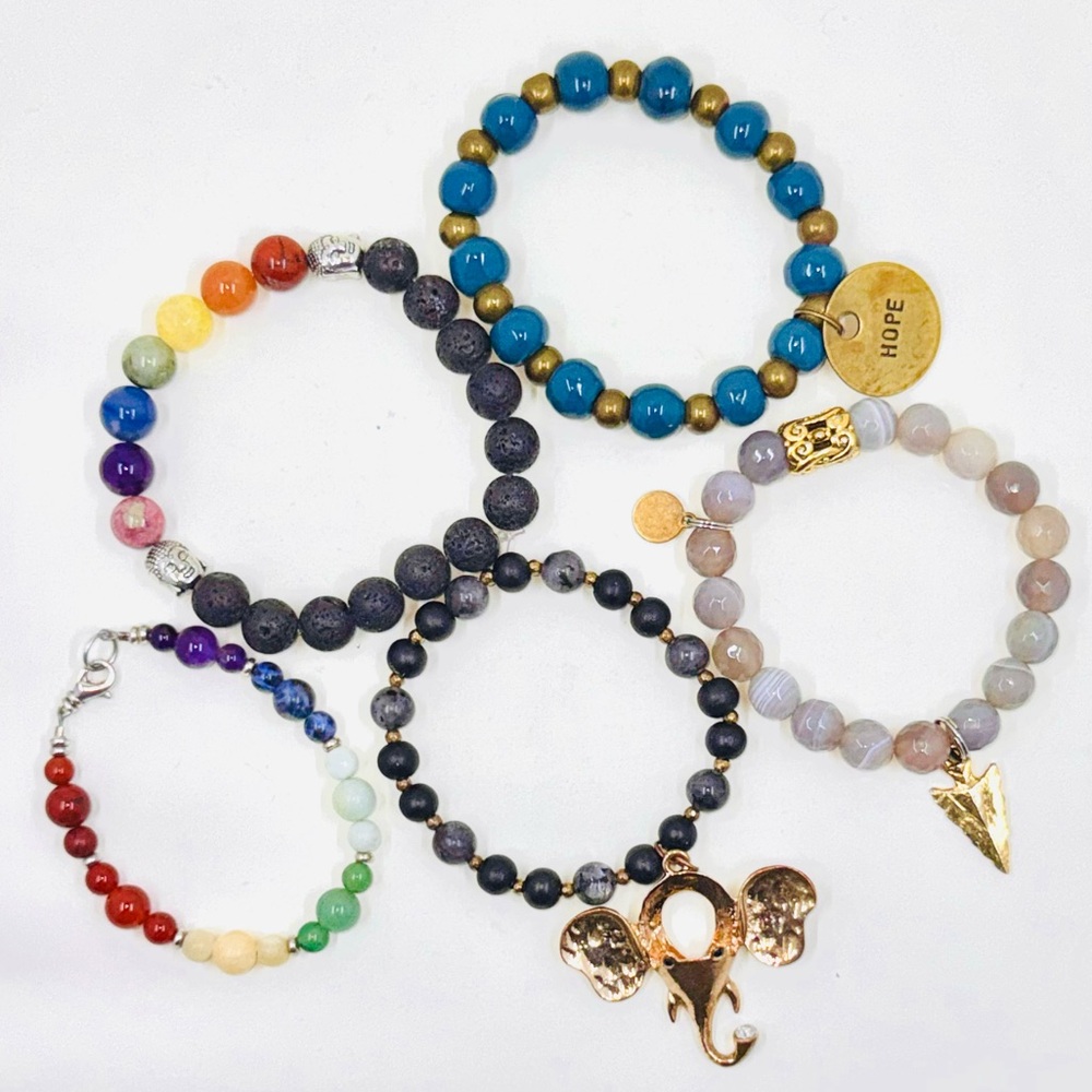 Set Of 5 Natural Stone Glass & Bead Bracelets Charms Elephant Rainbow